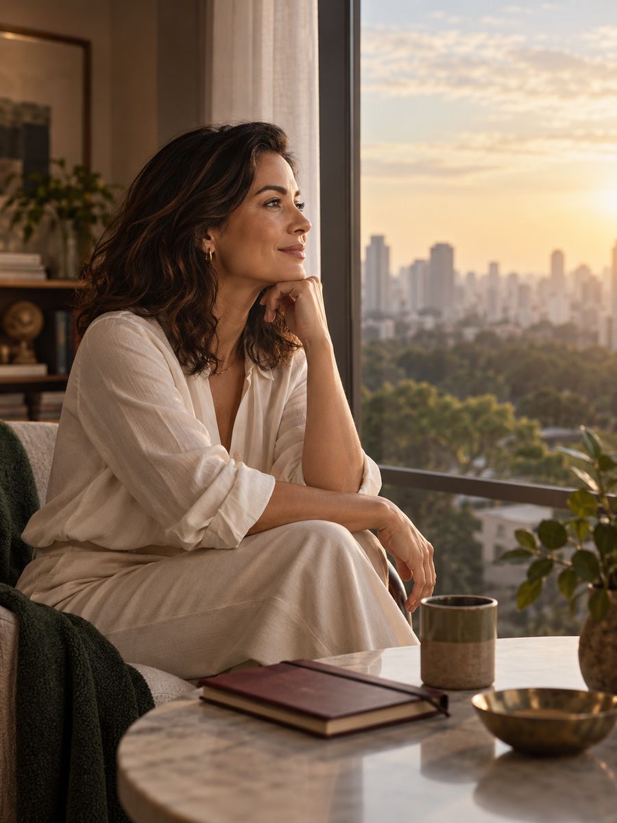 Mulher sentada junto à janela ao entardecer, olhando a cidade, com um caderno sobre a mesa
